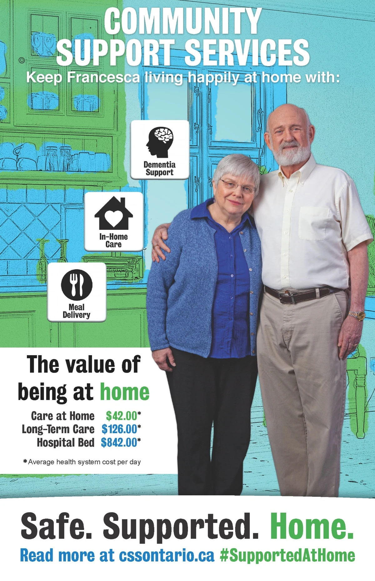 Community Support Services campaign poster featuring Alfonso and Francesca, with the message Safe. Supported. Home.
