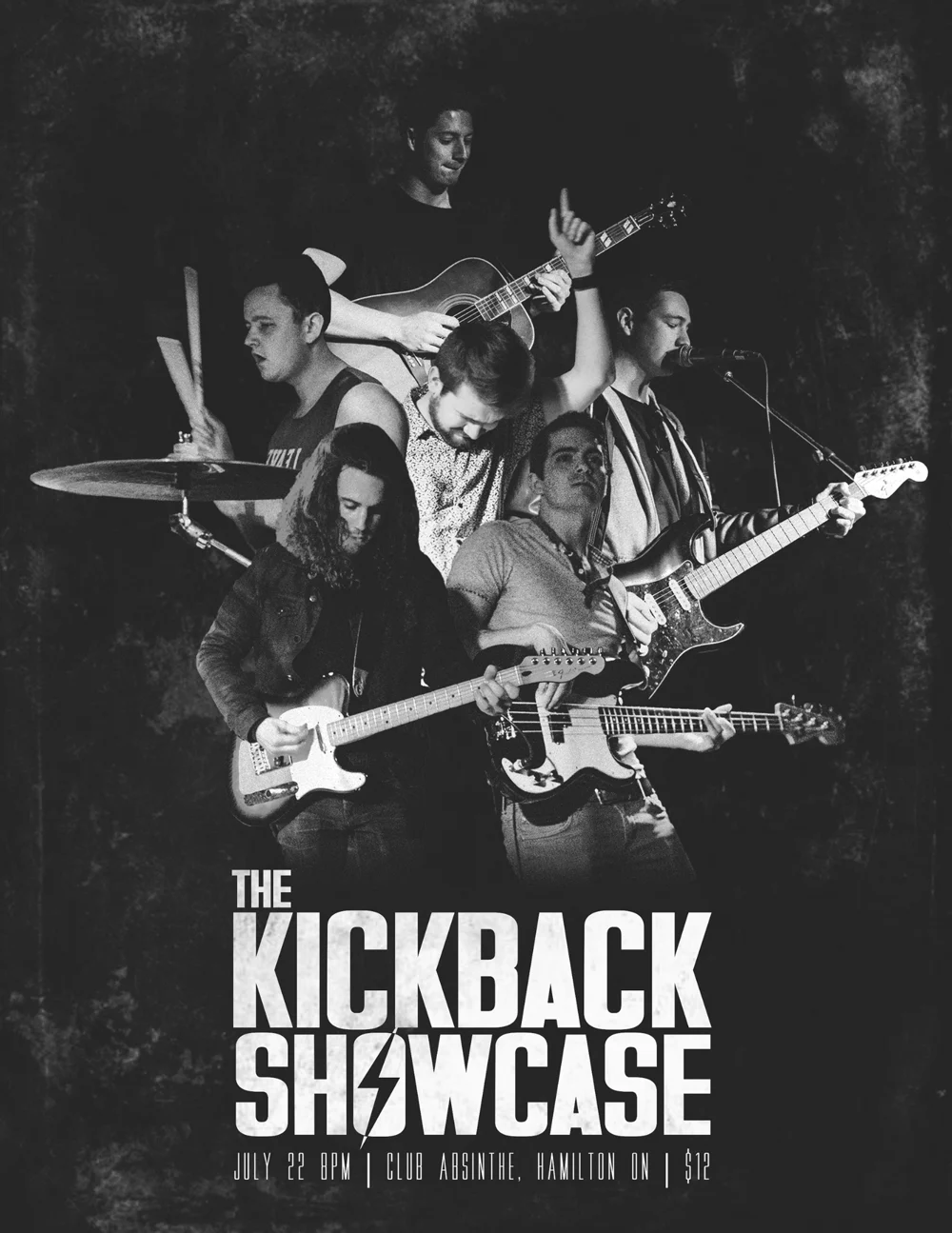 The Kickback Showcase poster using a black and white collage of musicians.