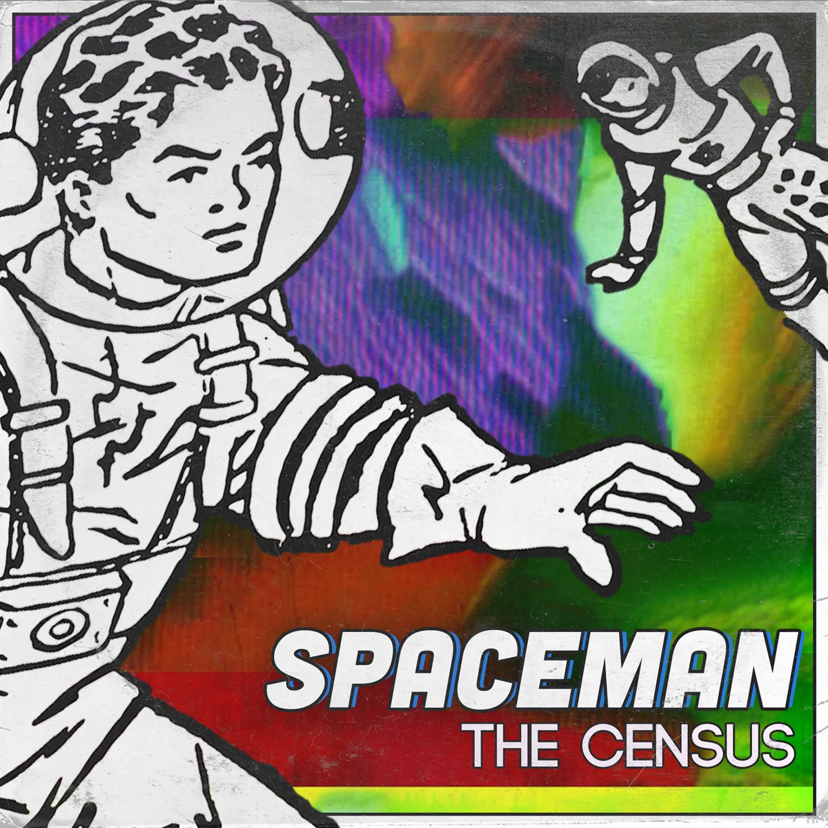 Illustrated astronaut and turtle against a colourful textured background.